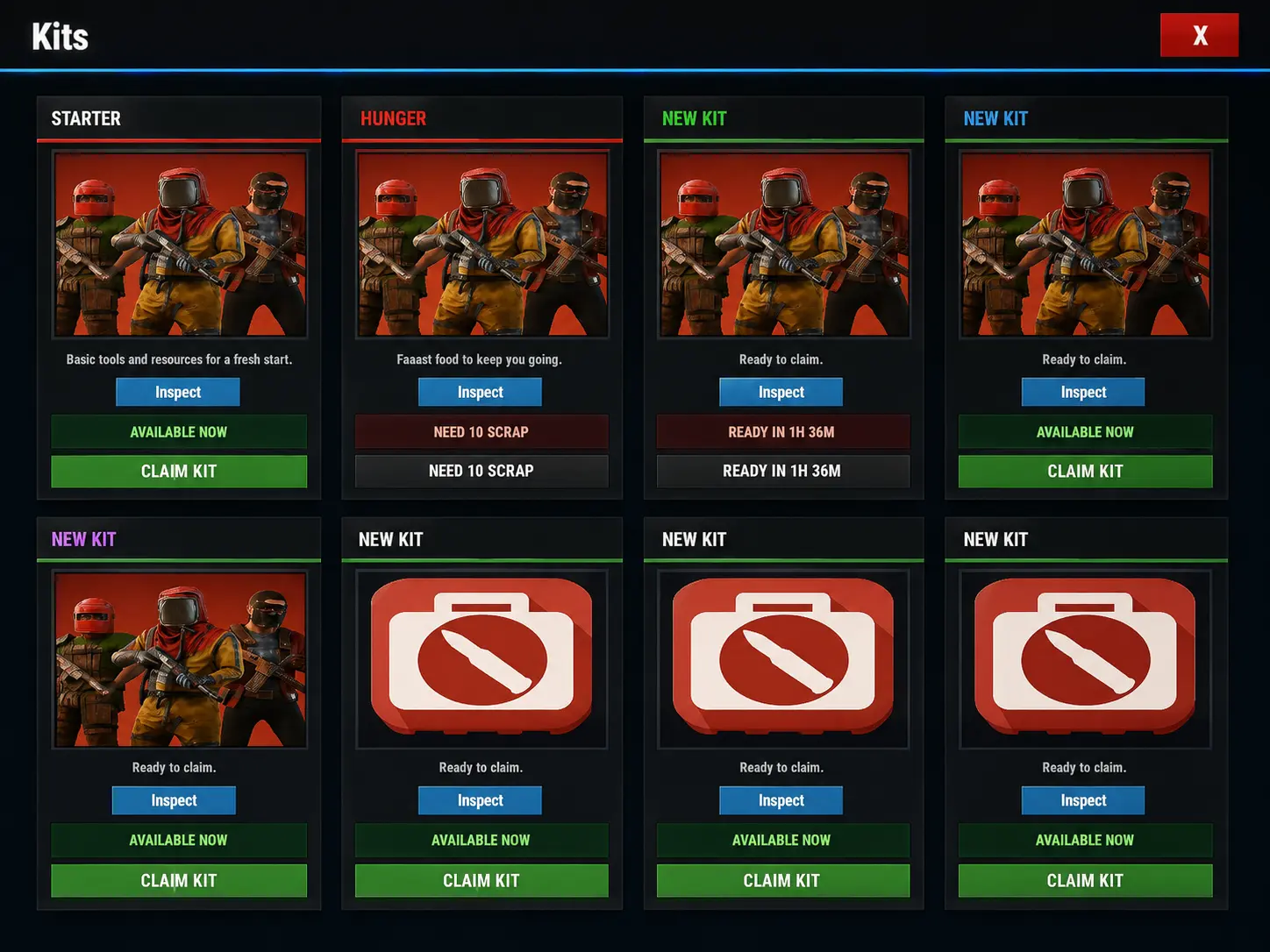 Kits přehled menu